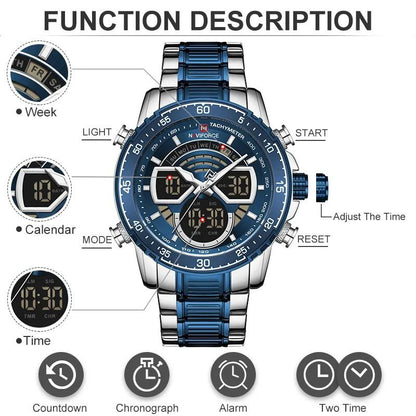 NAVIFORCE GENTS WATCH #NF 9189 ANALOGUE & DIGITAL DISPLAY LIGHT BUTTON WATER RESISTANT BATTERY POWERED SILVER-BLUE SILVER-COFFEE NAVIFORCE BRANDED BOX ENQUIRIES