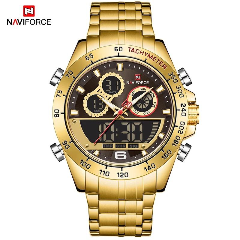 NAVIFORCE GENTS WATCH #NF 9188 ANALOGUE & DIGITAL DISPLAY LIGHT BUTTON WATER RESISTANT BATTERY POWERED GOLD SILVER SILVER-BLUE NAVIFORCE BRANDED BOX ENQUIRIES