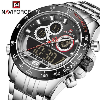 NAVIFORCE GENTS WATCH #NF 9188 ANALOGUE & DIGITAL DISPLAY LIGHT BUTTON WATER RESISTANT BATTERY POWERED GOLD SILVER SILVER-BLUE NAVIFORCE BRANDED BOX ENQUIRIES