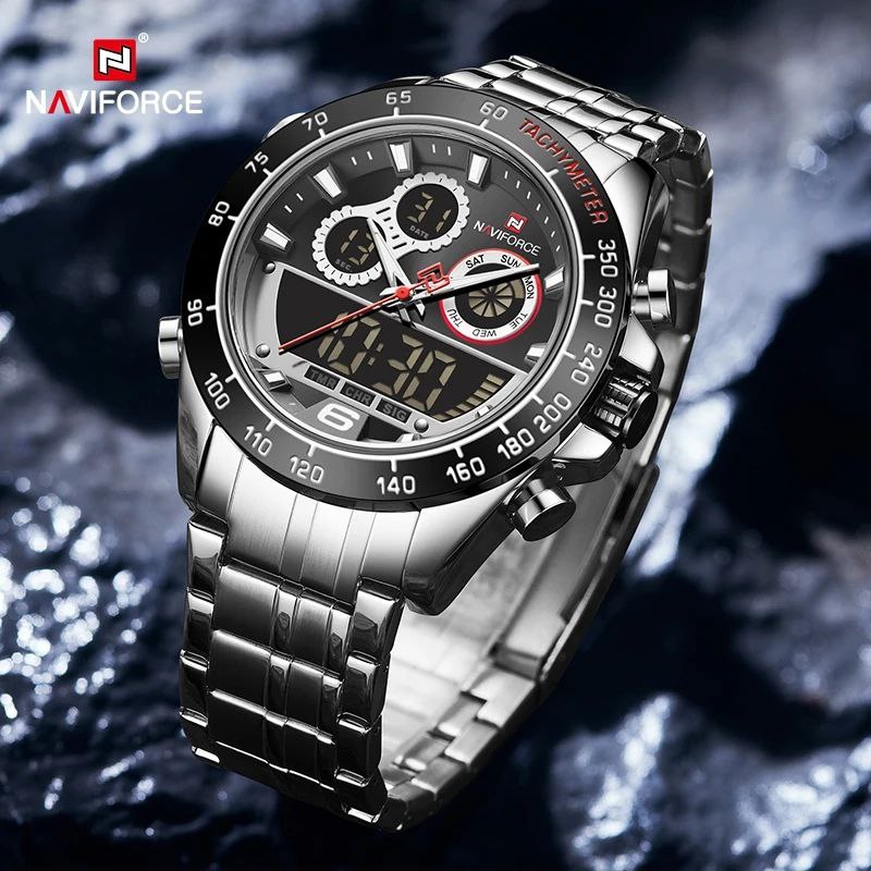 NAVIFORCE GENTS WATCH #NF 9188 ANALOGUE & DIGITAL DISPLAY LIGHT BUTTON WATER RESISTANT BATTERY POWERED GOLD SILVER SILVER-BLUE NAVIFORCE BRANDED BOX ENQUIRIES