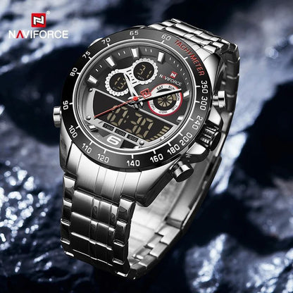 NAVIFORCE GENTS WATCH #NF 9188 ANALOGUE & DIGITAL DISPLAY LIGHT BUTTON WATER RESISTANT BATTERY POWERED GOLD SILVER SILVER-BLUE NAVIFORCE BRANDED BOX ENQUIRIES