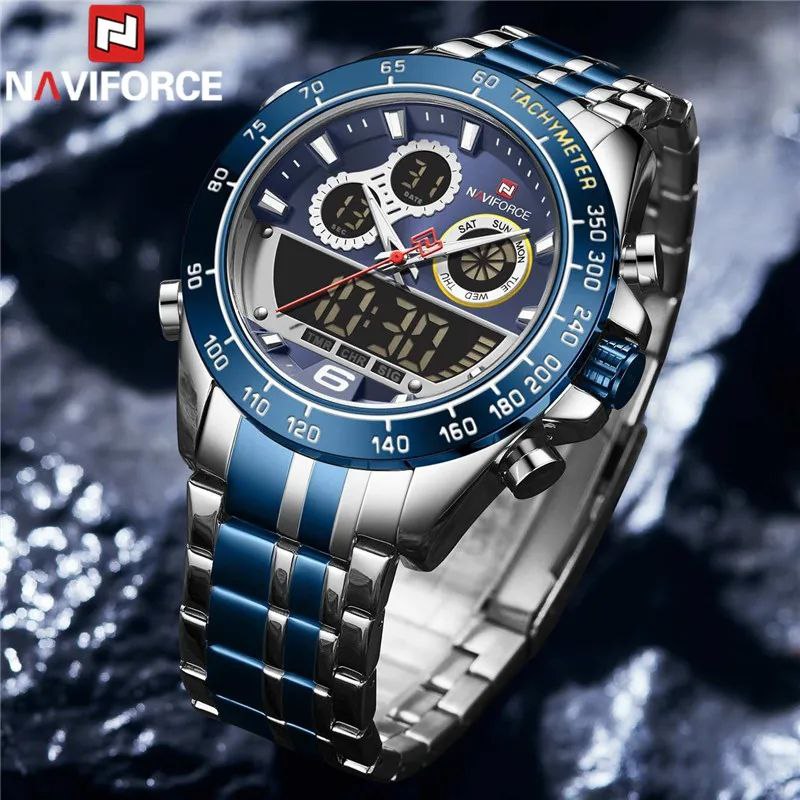 NAVIFORCE GENTS WATCH #NF 9188 ANALOGUE & DIGITAL DISPLAY LIGHT BUTTON WATER RESISTANT BATTERY POWERED GOLD SILVER SILVER-BLUE NAVIFORCE BRANDED BOX ENQUIRIES