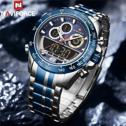 NAVIFORCE GENTS WATCH #NF 9188 ANALOGUE & DIGITAL DISPLAY LIGHT BUTTON WATER RESISTANT BATTERY POWERED GOLD SILVER SILVER-BLUE NAVIFORCE BRANDED BOX ENQUIRIES