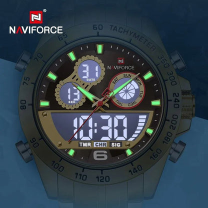 NAVIFORCE GENTS WATCH #NF 9188 ANALOGUE & DIGITAL DISPLAY LIGHT BUTTON WATER RESISTANT BATTERY POWERED GOLD SILVER SILVER-BLUE NAVIFORCE BRANDED BOX ENQUIRIES