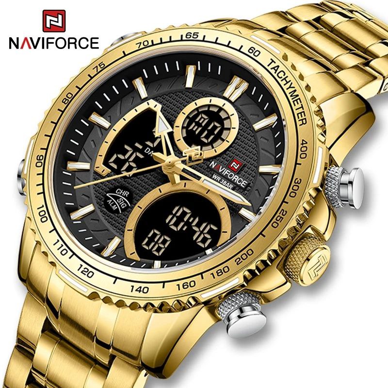 NAVIFORCE GENTS WATCH #NF 9182 ANALOGUE & DIGITAL DISPLAY LIGHT BUTTON WATER RESISTANT BATTERY POWERED SILVER-BLUE GOLD BLACK NAVIFORCE BRANDED BOX ENQUIRIES