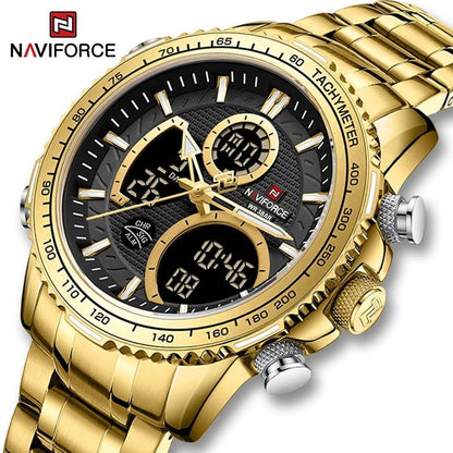 NAVIFORCE GENTS WATCH #NF 9182 ANALOGUE & DIGITAL DISPLAY LIGHT BUTTON WATER RESISTANT BATTERY POWERED SILVER-BLUE GOLD BLACK NAVIFORCE BRANDED BOX ENQUIRIES