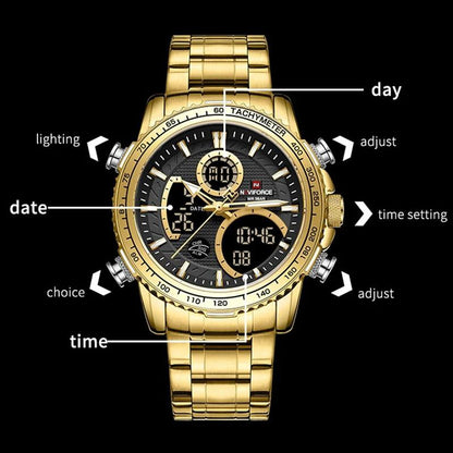 NAVIFORCE GENTS WATCH #NF 9182 ANALOGUE & DIGITAL DISPLAY LIGHT BUTTON WATER RESISTANT BATTERY POWERED SILVER-BLUE GOLD BLACK NAVIFORCE BRANDED BOX ENQUIRIES