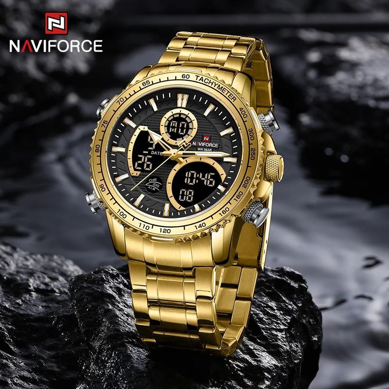 NAVIFORCE GENTS WATCH #NF 9182 ANALOGUE & DIGITAL DISPLAY LIGHT BUTTON WATER RESISTANT BATTERY POWERED SILVER-BLUE GOLD BLACK NAVIFORCE BRANDED BOX ENQUIRIES