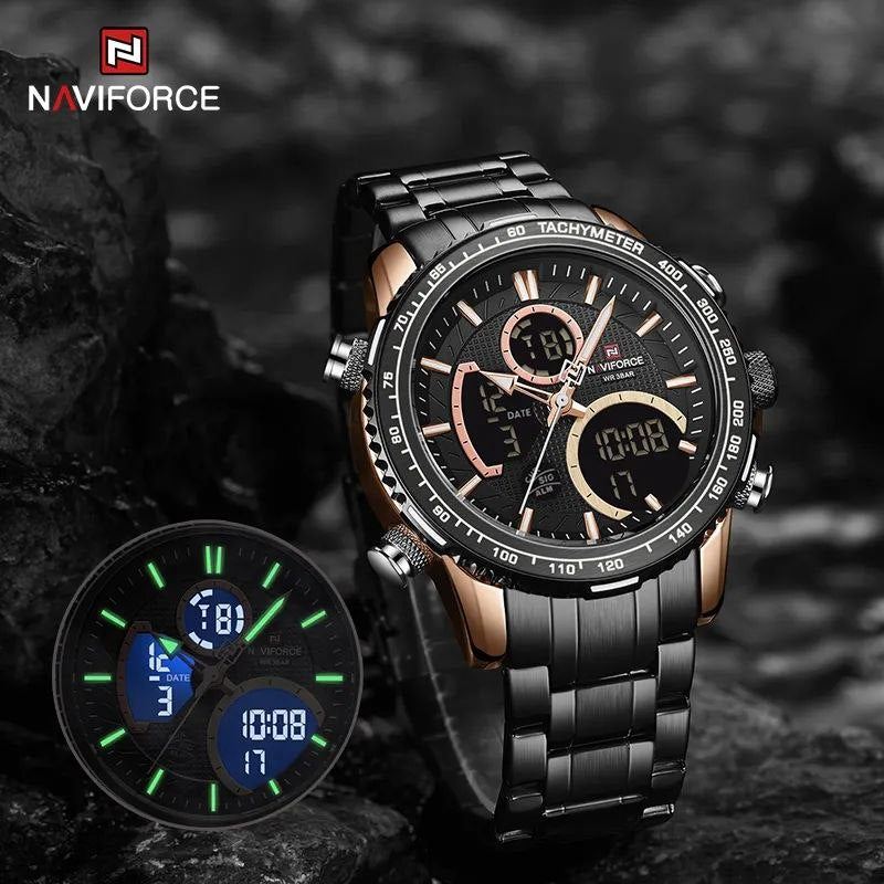 NAVIFORCE GENTS WATCH #NF 9182 ANALOGUE & DIGITAL DISPLAY LIGHT BUTTON WATER RESISTANT BATTERY POWERED SILVER-BLUE GOLD BLACK NAVIFORCE BRANDED BOX ENQUIRIES