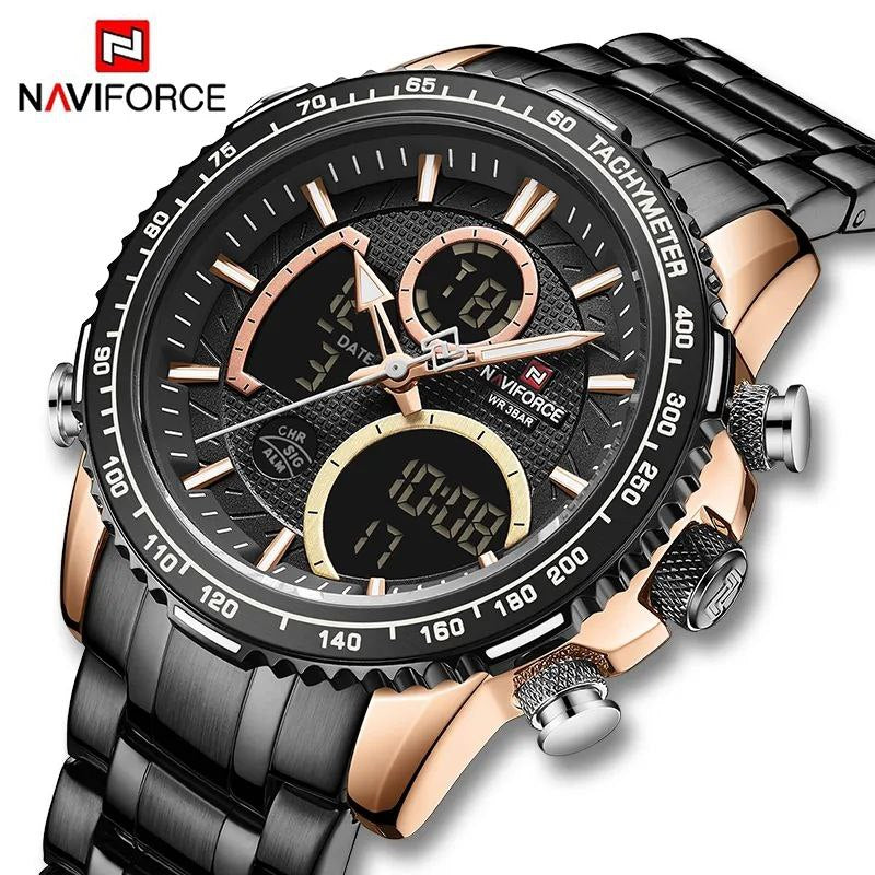 NAVIFORCE GENTS WATCH #NF 9182 ANALOGUE & DIGITAL DISPLAY LIGHT BUTTON WATER RESISTANT BATTERY POWERED SILVER-BLUE GOLD BLACK NAVIFORCE BRANDED BOX ENQUIRIES