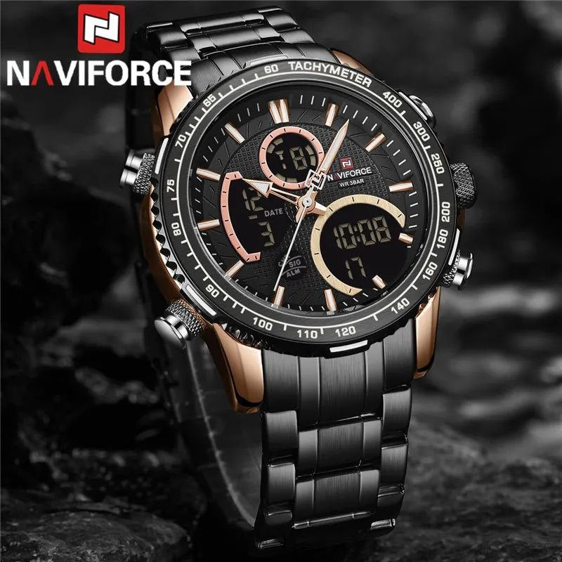 NAVIFORCE GENTS WATCH #NF 9182 ANALOGUE & DIGITAL DISPLAY LIGHT BUTTON WATER RESISTANT BATTERY POWERED SILVER-BLUE GOLD BLACK NAVIFORCE BRANDED BOX ENQUIRIES