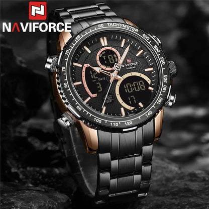 NAVIFORCE GENTS WATCH #NF 9182 ANALOGUE & DIGITAL DISPLAY LIGHT BUTTON WATER RESISTANT BATTERY POWERED SILVER-BLUE GOLD BLACK NAVIFORCE BRANDED BOX ENQUIRIES