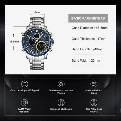 NAVIFORCE GENTS WATCH #NF 9182 ANALOGUE & DIGITAL DISPLAY LIGHT BUTTON WATER RESISTANT BATTERY POWERED SILVER-BLUE GOLD BLACK NAVIFORCE BRANDED BOX ENQUIRIES