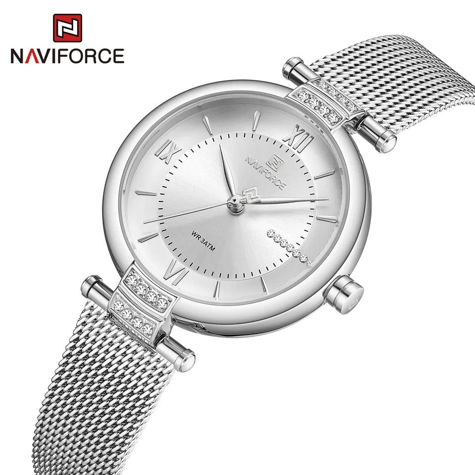 NAVIFORCE LADIES #NF5019 ADJUSTABLE MESH STRAP WATER RESISTANT SILVER ROSE-BLUE ROSE-GREEN NAVIFORCE BRANDED BOX ENQUIRIES