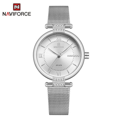 NAVIFORCE LADIES #NF5019 ADJUSTABLE MESH STRAP WATER RESISTANT SILVER ROSE-BLUE ROSE-GREEN NAVIFORCE BRANDED BOX ENQUIRIES