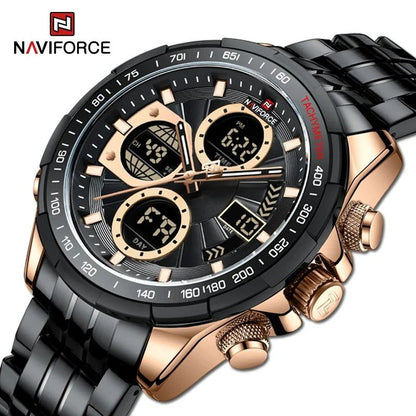 NAVIFORCE GENTS WATCH #NF 9197 (METALLIC) ANALOGUE & DIGITAL DISPLAY LIGHT BUTTON WATER RESISTANT BATTERY POWERED BLACK NAVIFORCE BRANDED BOX