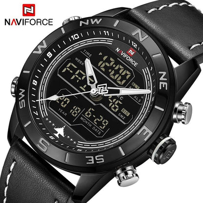 NAVIFORCE GENTS WATCH #NF 9134 ANALOGUE & DIGITAL DISPLAY LIGHT BUTTON WATER RESISTANT BATTERY POWERED BLACK-RED BROWN BLACK-BLACK NAVIFORCE BRANDED BOX
