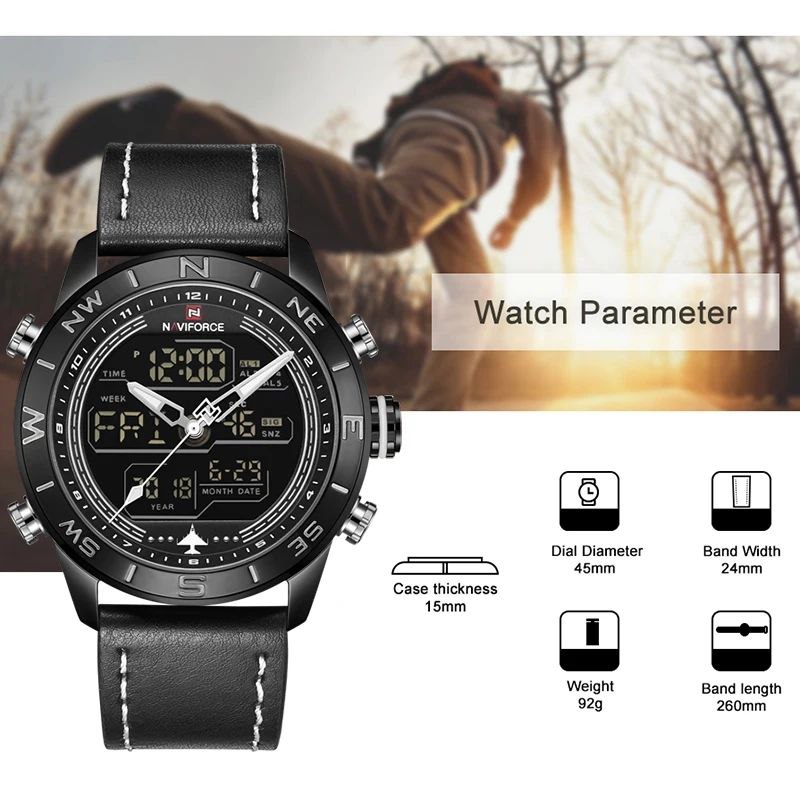 NAVIFORCE GENTS WATCH #NF 9134 ANALOGUE & DIGITAL DISPLAY LIGHT BUTTON WATER RESISTANT BATTERY POWERED BLACK-RED BROWN BLACK-BLACK NAVIFORCE BRANDED BOX