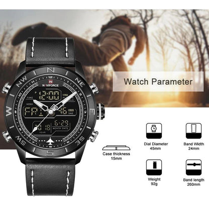 NAVIFORCE GENTS WATCH #NF 9134 ANALOGUE & DIGITAL DISPLAY LIGHT BUTTON WATER RESISTANT BATTERY POWERED BLACK-RED BROWN BLACK-BLACK NAVIFORCE BRANDED BOX