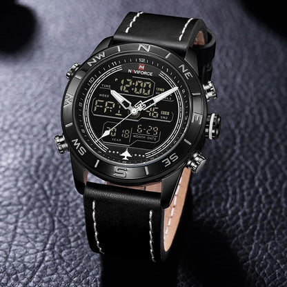 NAVIFORCE GENTS WATCH #NF 9134 ANALOGUE & DIGITAL DISPLAY LIGHT BUTTON WATER RESISTANT BATTERY POWERED BLACK-RED BROWN BLACK-BLACK NAVIFORCE BRANDED BOX