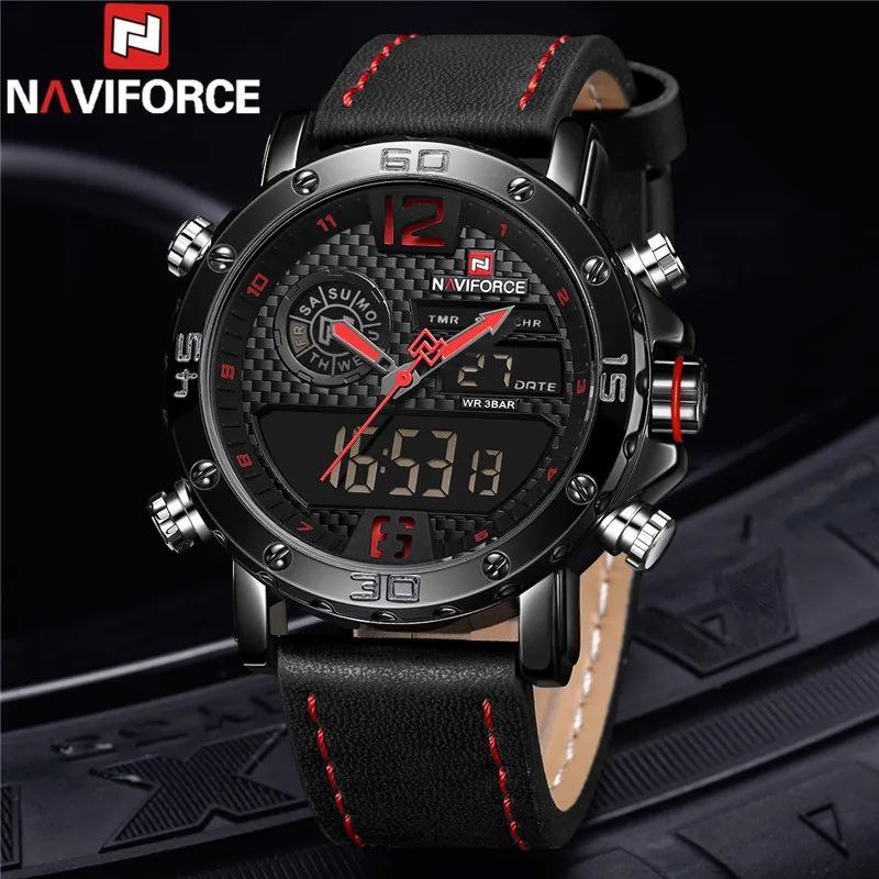 NAVIFORCE GENTS WATCH #NF 9134 ANALOGUE & DIGITAL DISPLAY LIGHT BUTTON WATER RESISTANT BATTERY POWERED BLACK-RED BROWN BLACK-BLACK NAVIFORCE BRANDED BOX