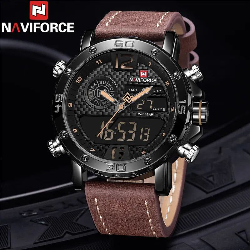NAVIFORCE GENTS WATCH #NF 9134 ANALOGUE & DIGITAL DISPLAY LIGHT BUTTON WATER RESISTANT BATTERY POWERED BLACK-RED BROWN BLACK-BLACK NAVIFORCE BRANDED BOX