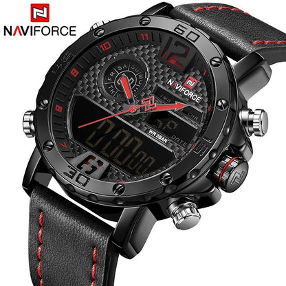 NAVIFORCE GENTS WATCH #NF 9134 ANALOGUE & DIGITAL DISPLAY LIGHT BUTTON WATER RESISTANT BATTERY POWERED BLACK-RED BROWN BLACK-BLACK NAVIFORCE BRANDED BOX