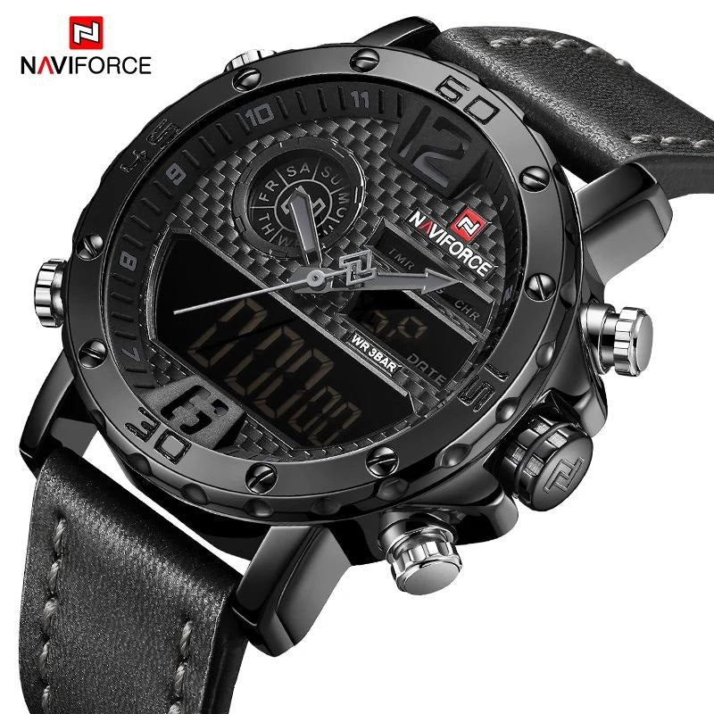 NAVIFORCE GENTS WATCH #NF 9134 ANALOGUE & DIGITAL DISPLAY LIGHT BUTTON WATER RESISTANT BATTERY POWERED BLACK-RED BROWN BLACK-BLACK NAVIFORCE BRANDED BOX