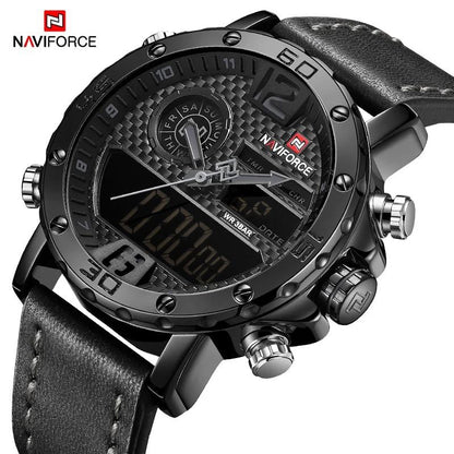 NAVIFORCE GENTS WATCH #NF 9134 ANALOGUE & DIGITAL DISPLAY LIGHT BUTTON WATER RESISTANT BATTERY POWERED BLACK-RED BROWN BLACK-BLACK NAVIFORCE BRANDED BOX
