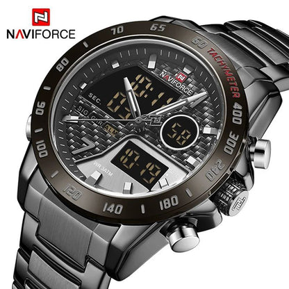 NAVIFORCE GENTS WATCH #NF 9171 ANALOGUE & DIGITAL DISPLAY LIGHT BUTTON WATER RESISTANT BATTERY POWERED BLACK SILVER-BLUE NAVIFORCE BRANDED BOX ENQUIRIES