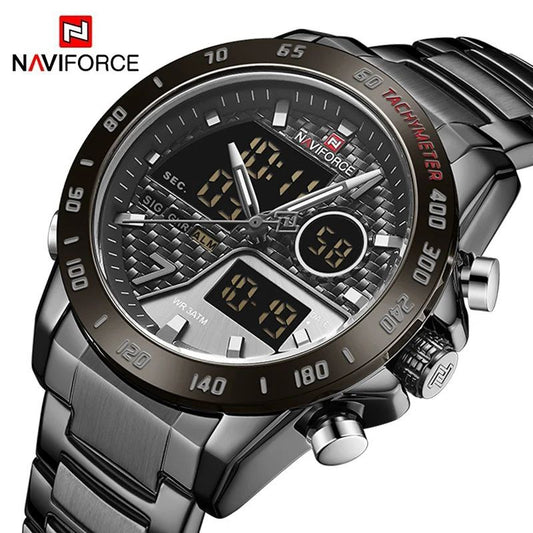 NAVIFORCE GENTS WATCH #NF 9171 ANALOGUE & DIGITAL DISPLAY LIGHT BUTTON WATER RESISTANT BATTERY POWERED BLACK SILVER-BLUE NAVIFORCE BRANDED BOX ENQUIRIES