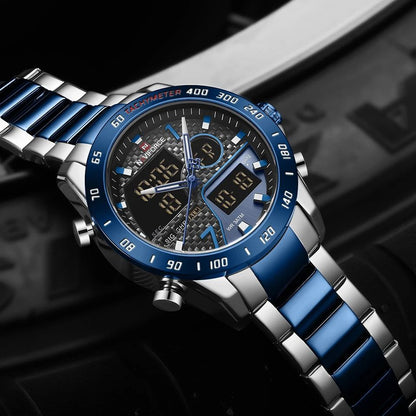 NAVIFORCE GENTS WATCH #NF 9171 ANALOGUE & DIGITAL DISPLAY LIGHT BUTTON WATER RESISTANT BATTERY POWERED BLACK SILVER-BLUE NAVIFORCE BRANDED BOX ENQUIRIES