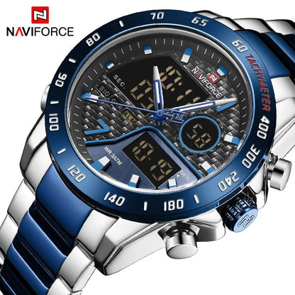 NAVIFORCE GENTS WATCH #NF 9171 ANALOGUE & DIGITAL DISPLAY LIGHT BUTTON WATER RESISTANT BATTERY POWERED BLACK SILVER-BLUE NAVIFORCE BRANDED BOX ENQUIRIES