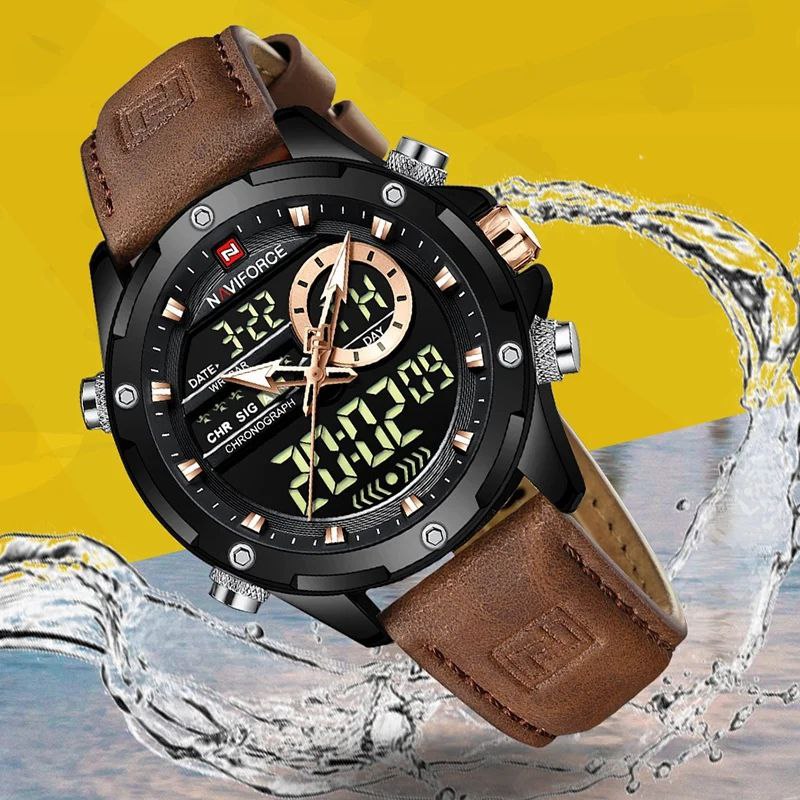 NAVIFORCE GENTS WATCH #NF 9208 ANALOGUE & DIGITAL DISPLAY LIGHT BUTTON WATER RESISTANT BATTERY POWERED DARK BROWN NAVIFORCE BRANDED BOX ENQUIRIES