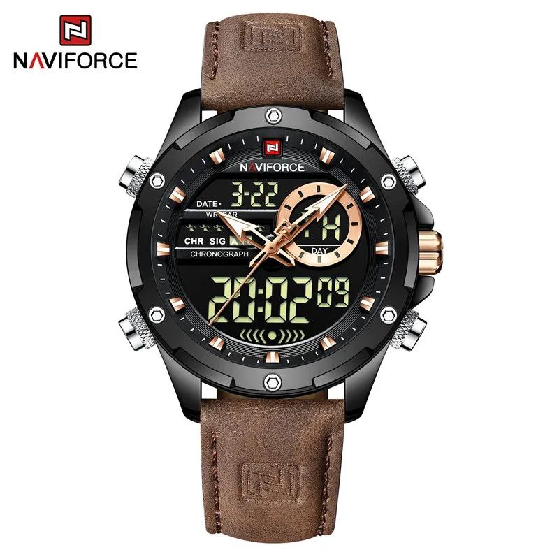 NAVIFORCE GENTS WATCH #NF 9208 ANALOGUE & DIGITAL DISPLAY LIGHT BUTTON WATER RESISTANT BATTERY POWERED DARK BROWN NAVIFORCE BRANDED BOX ENQUIRIES