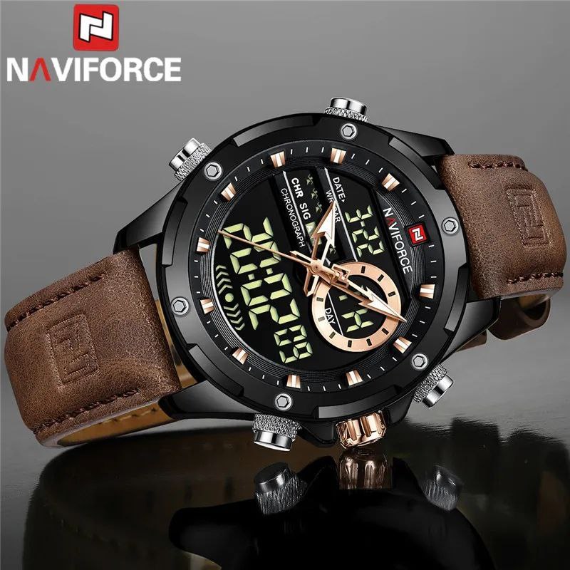 NAVIFORCE GENTS WATCH #NF 9208 ANALOGUE & DIGITAL DISPLAY LIGHT BUTTON WATER RESISTANT BATTERY POWERED DARK BROWN NAVIFORCE BRANDED BOX ENQUIRIES