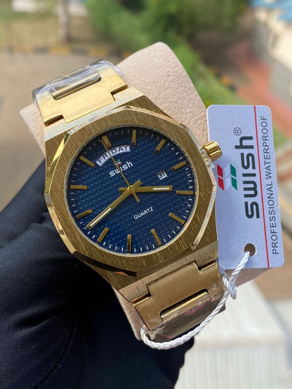 SWISH GENTS WATCH DAY&DATE DISPLAY BATTERY POWERED STAINLESS STEEL WATER RESISTANT TWO-TONE GOLDBLACK ENQUIRIES