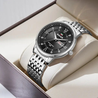 SWISH GENTS WATCH DAY&DATE DISPLAY BATTERY POWERED STAINLESS STEEL WATER RESISTANT TWO-TONE GOLDSILVER ENQUIRIES