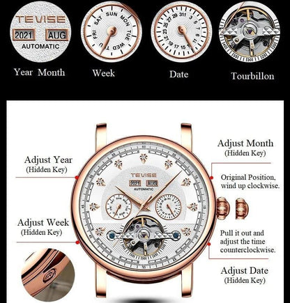 TEVISE AUTOMATIC GENTS WATCH YEAR DISPLAY MONTH DISPLAY DAY&DATE DISPLAY LUMINOUS TOURBILLON MACHINE BROWN