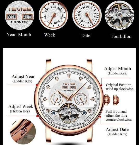 TEVISE AUTOMATIC GENTS WATCH YEAR DISPLAY MONTH DISPLAY DAY&DATE DISPLAY LUMINOUS TOURBILLON MACHINE BROWN