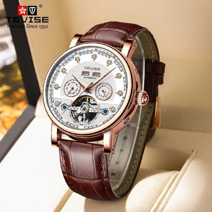 TEVISE AUTOMATIC GENTS WATCH YEAR DISPLAY MONTH DISPLAY DAY&DATE DISPLAY LUMINOUS TOURBILLON MACHINE BROWN