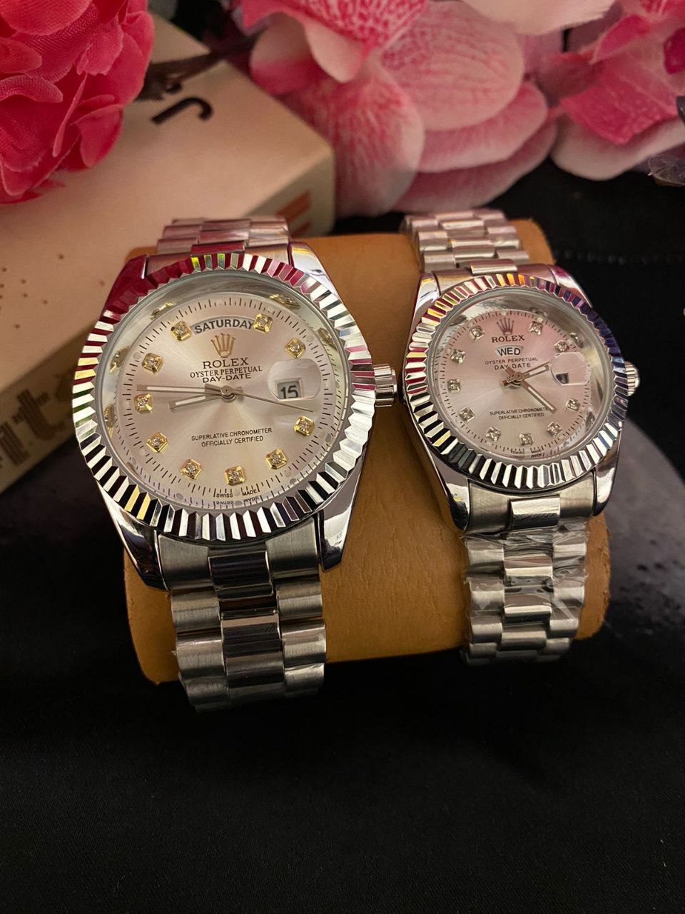 COUPLE ROLEX DAY AND DATE DISPLAY BATTERY POWERED A PAIR SINGLE ROLEX BRANDED BOX