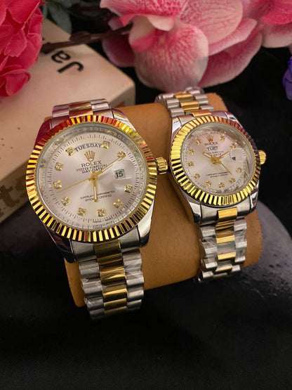 COUPLE ROLEX DAY AND DATE DISPLAY BATTERY POWERED A PAIR SINGLE ROLEX BRANDED BOX