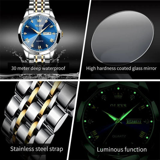 #!!! OLEVS MEN WATCH DAY AND DATE DISPLAY STAINLESS STEEL WATER RESISTANT LUMINOUS FUNCTION OLEVS BRANDED BOX