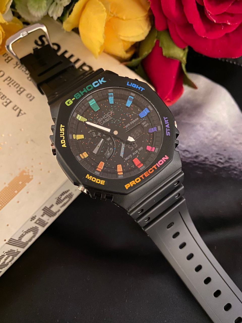 G SHOCK CASIO WATER RESIST SHOCK RESIST FUNCTIONAL CHRONOGRAPHS RUBBER STARP LIGHT BUTTON BATTERY POWERED G SHOCK TIN