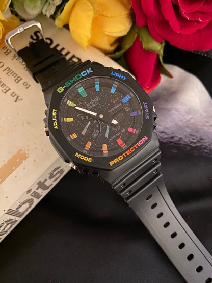 G SHOCK CASIO WATER RESIST SHOCK RESIST FUNCTIONAL CHRONOGRAPHS RUBBER STARP LIGHT BUTTON BATTERY POWERED G SHOCK TIN