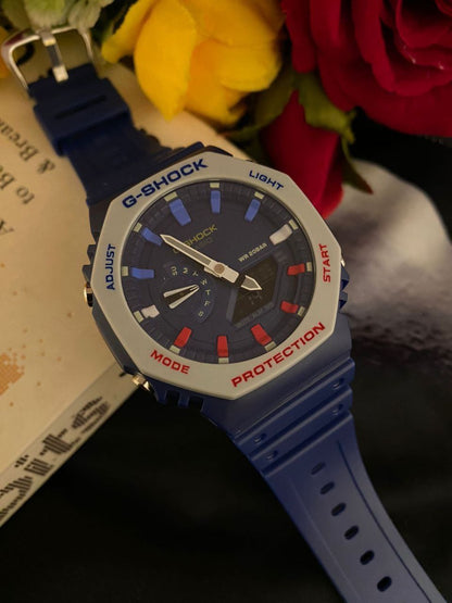 G SHOCK CASIO WATER RESIST SHOCK RESIST FUNCTIONAL CHRONOGRAPHS RUBBER STARP LIGHT BUTTON BATTERY POWERED G SHOCK TIN