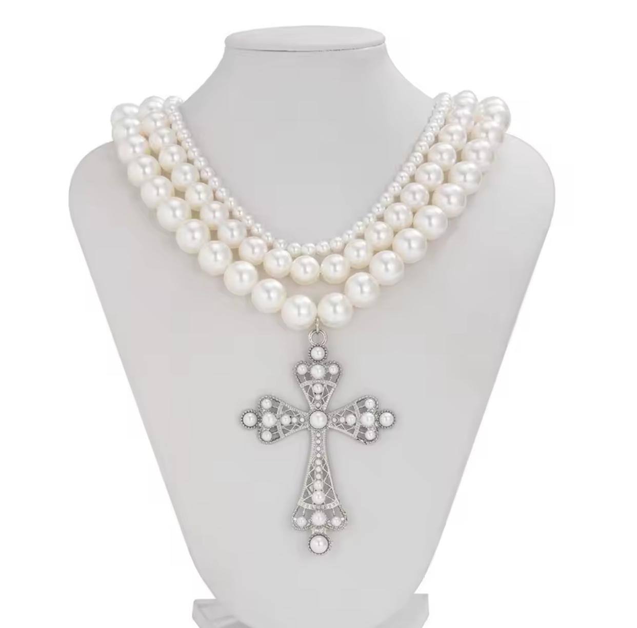 WHITE CROSS PENDANTS MULTILAYED PEARL NECKLACES