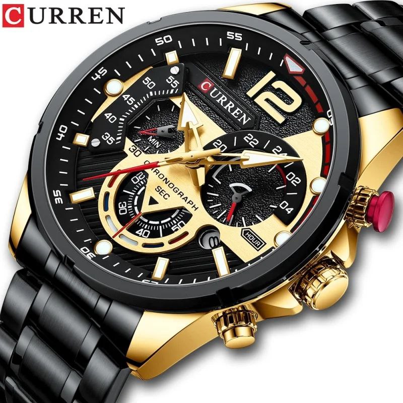 CURREN CHRONOGRAPH GENTS WATCH #8329 WATER RESISTANT CHRONOGRAPH MOVEMENT DATE DISPLAY BATTERY POWERED LUMINOUS CURREN BRANDED BOX ENQUIRIES