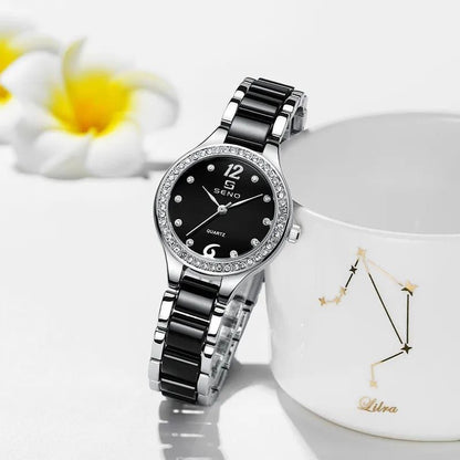 #SENO LADIES WATCH STAINLESS STEEL WATER RESISTANT BLACK ROSE-WHITE